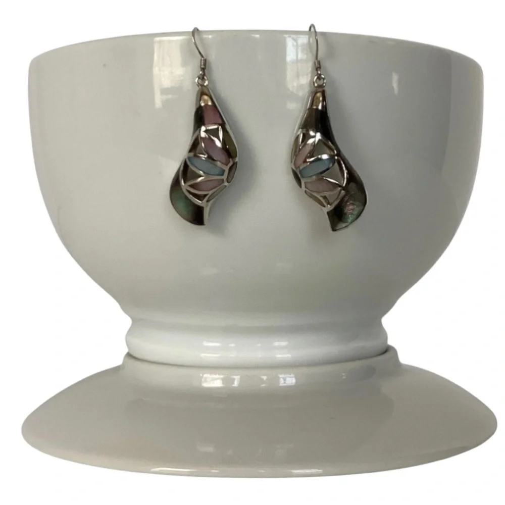 925 Sterling Silver Iridescent MOP Drop Hook Earrings Pink Blue Purple Green EUC - Picture 5 of 14